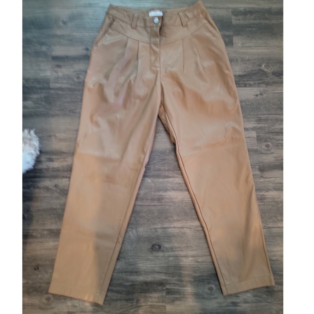 Topshop Tan Faux Leather Pleated High Waist Tapered Trousers Pants US 6 UK 10